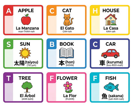 Alphabet Learning Chart Displaying Educational Flashcards for Children Featuring Animals Objects and Nature Elements With Text in English and Spanish