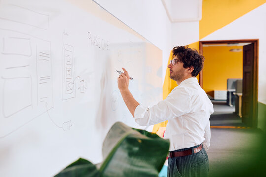 A focused man writes a wireframe on a whiteboard in the office
