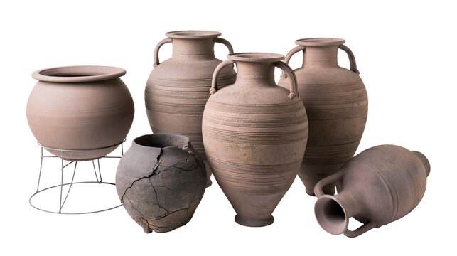 Collection of ancient clay amphorae and pots with handles