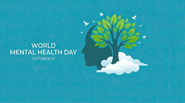 World mental health day concept tree growing inside human head silhouette with birds flying with silhouette against calm calm blue background symbolizes mental health awareness consciousness mind