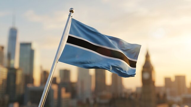 Botswana national flag waving on metal pole with blurred sunset city skyline background at golden hour