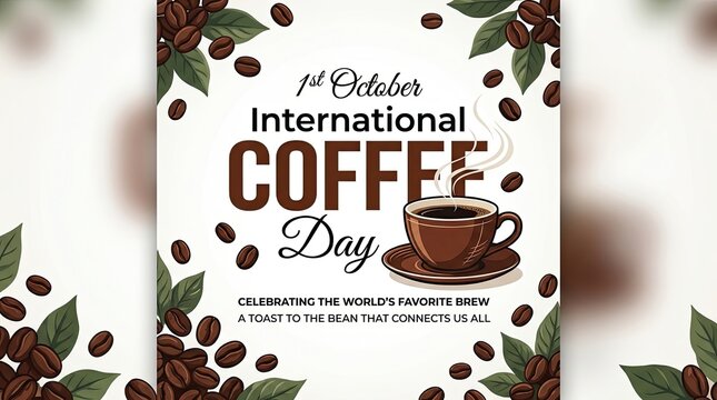 International coffee day celebration with hot coffee cup with surrounded coffee beans leaves october 1st steaming celebrates international food drink illustration refreshment typography graphic