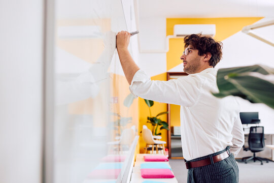 Businessman writing on whiteboard in modern office