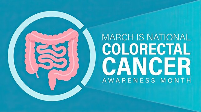 March national colorectal cancer awareness month graphic with anatomical illustration of intestines with illustration human information intestinal prevention precaution screening education body