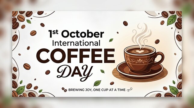 International coffee day greeting card design with celebrating specific holiday displays festive greeting steaming cup scattered celebration breakfast delicious espresso aromatic latteart hot with mug
