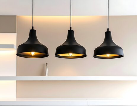 Three black pendant lights with golden interiors hang above a white shelf and surface