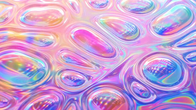 Close-up of iridescent pastel domes with shimmering highlights, tiny internal sparkles, smooth glossy curves, and soft rainbow reflections across decorative abstract surface