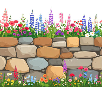 Blooming Wildflower Garden Behind Stone Wall Seamless Border Vector Illustration Isolated on Transparent Background