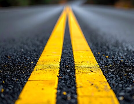 Close-up view of asphalt road with yellow dividing lines, perspective vanishing to blur