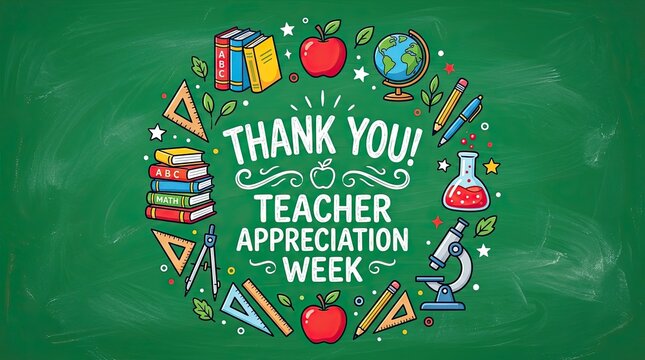 Thank you teacher appreciation week greeting card with school supplies on chalkboard background with colorful illustration school supplies arranged circle circle around text celebration microscope
