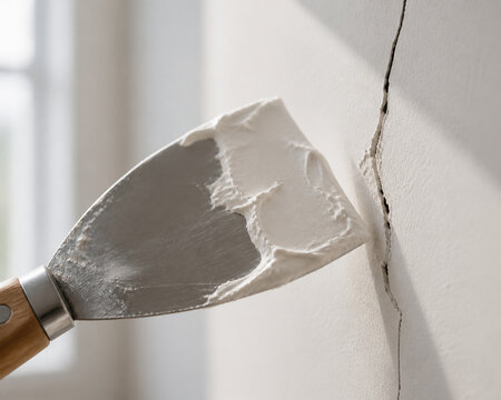A putty knife with wet spackle against a cracked wall, soft light on texture.