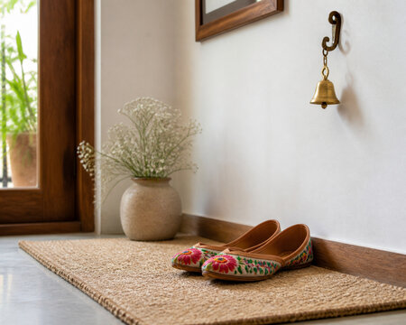 Colorful embroidered jutti shoes on jute mat with brass bell, entryway decor concept