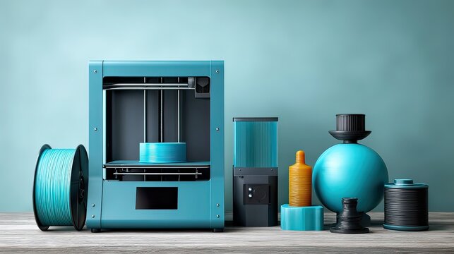 Modern 3D Printer with Colorful Filaments and Varied Designs on Wooden Surface Against Soft Blue Background