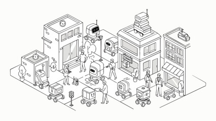 Obraz premium Isometric line art illustration with autonomous delivery robots operating on futuristic city streets, concept for smart logistics and automated package transport, ideal for technology banners and