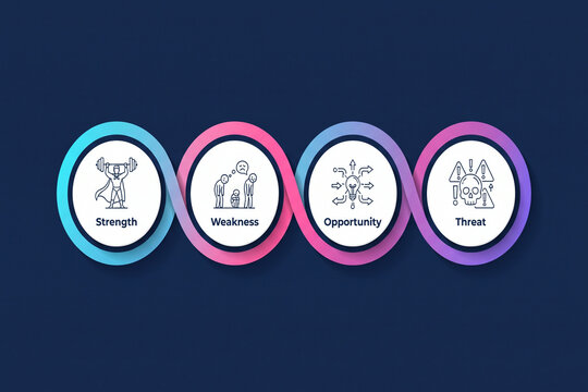 SWOT analysis infographic with icons for strength weakness opportunity and threat elements