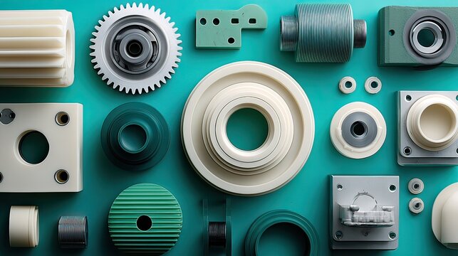 Diverse Collection of Industrial Components and Parts Displayed on a Vibrant Teal Background for Design and Manufacturing Use