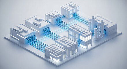 Fototapeta premium Isometric 3D architectural visualization of a futuristic smart city with glowing blue data connections