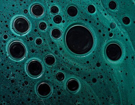 Abstract macro shot reveals teal surface with varying sized dark circles
