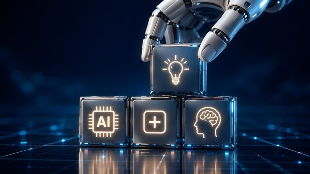 Robotic hand stacking metallic cubes with glowing yellow artificial intelligence icons. Concept of machine learning automation, and cyber tech logic.