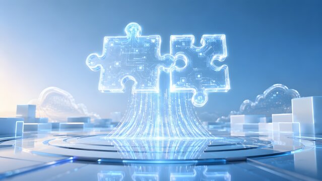 Holographic puzzle pieces floating above futuristic white digital city with data streams. Concept of cloud computing integration, and smart network.