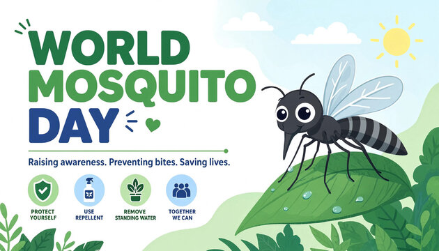 World mosquito day cartoon illustration with a friendly mosquito on a leaf disease prevention vector control cute bug public health mosquito