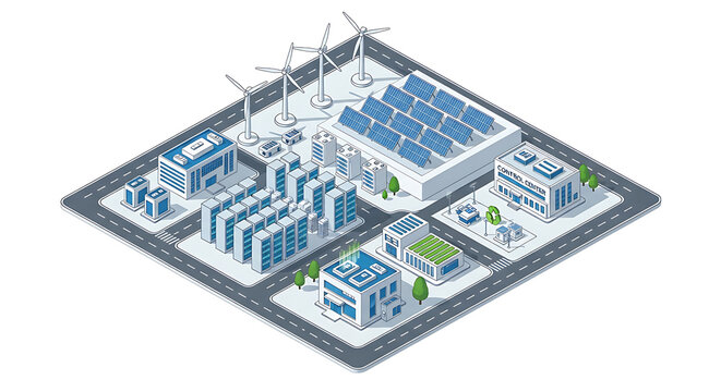 Isometric 3D infographic illustration of a smart city with renewable energy sources and data centers.