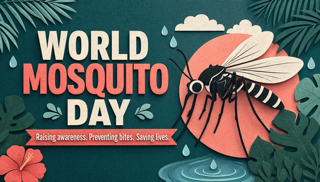 World mosquito day concept with a stylized mosquito on a coral background amidst tropical foliage graphic design disease prevention mosquito