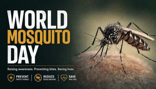 World mosquito day campaign banner with mosquito and prevention icons mosquito awareness prevention protection parasite campaign education