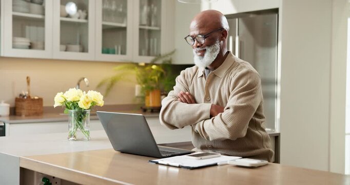 Laptop, remote work and arms crossed with black man in home for confidence and complete task. Tech, done and happy with mature African person in apartment for freelance account manager with feedback