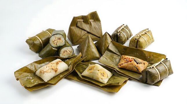 Traditional food wrapped in green banana leaves.
