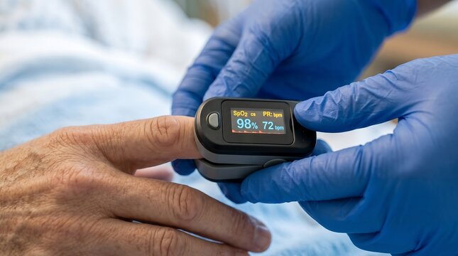 Medical professional uses a pulse oximeter on a patient finger to monitor vital blood oxygen levels.