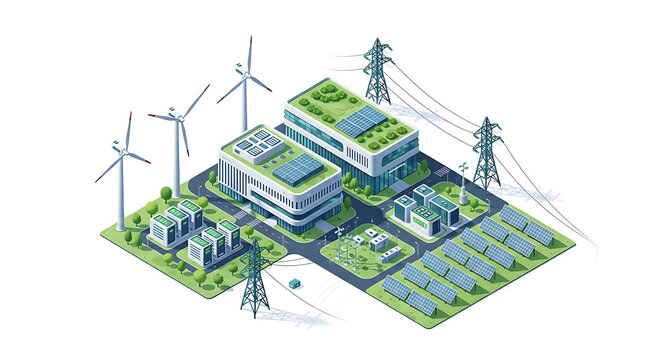 Sustainable energy infrastructure with wind turbines, solar panels, and modern buildings