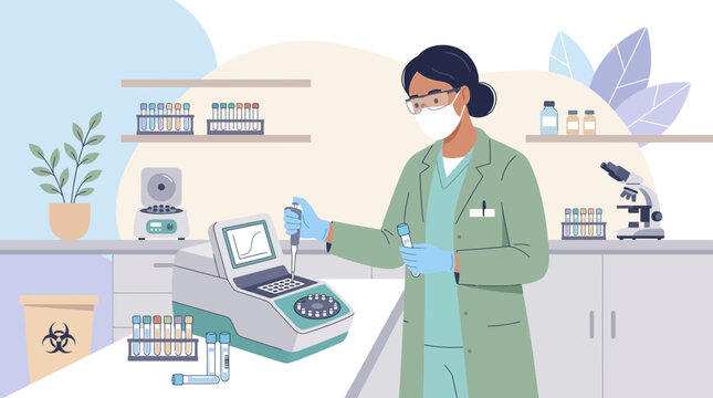 Scientist in Lab Coat Working with Pipette and PCR Machine on Transparent Background