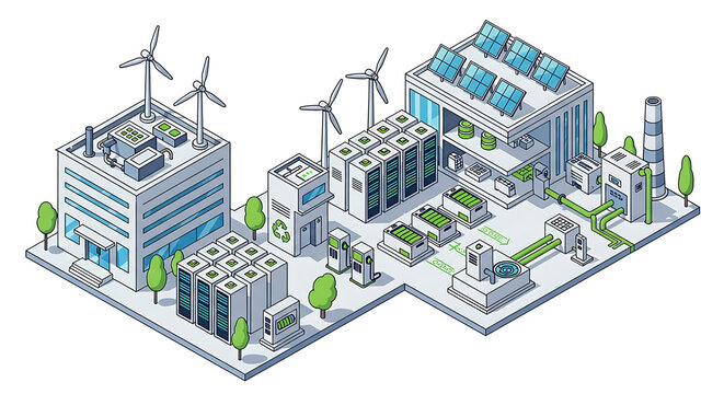 Isometric illustration of sustainable energy infrastructure with wind turbines, solar panels, and battery storage