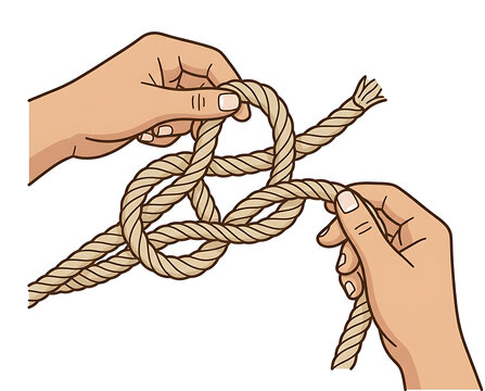 Close up on two hands expertly tying a complex knot with thick rope against a white background demonstrating nautical skills and precision