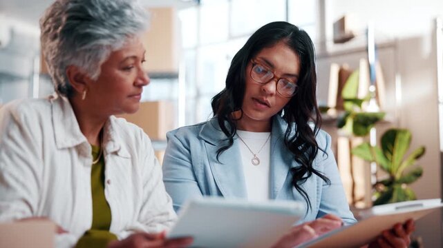 Tablet, discussion and women in office for logistics, distribution or information on order. Research, digital technology and supply chain worker with manager with checklist for cargo in workplace.