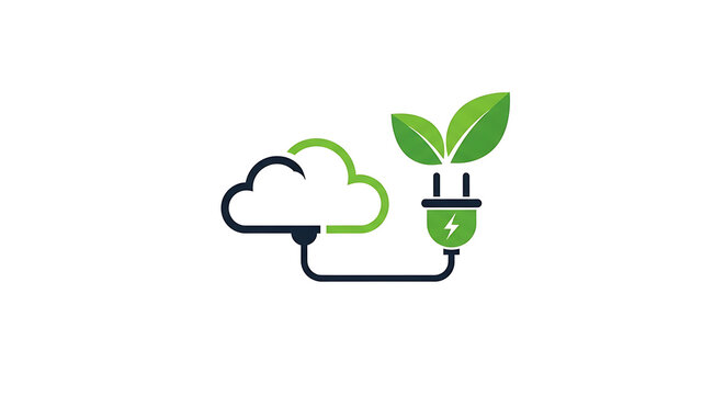 Eco-friendly cloud computing logo with green leaves and electric plug