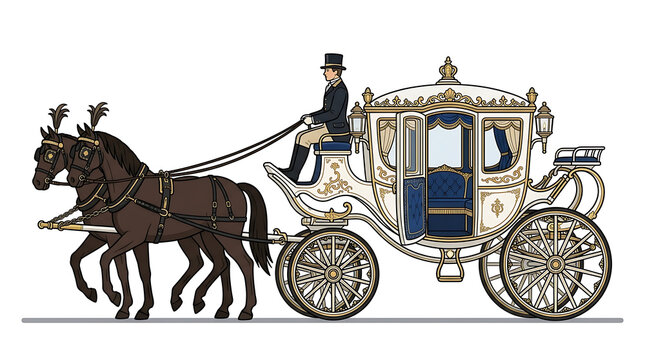 Elegant Horse Drawn Carriage with Ornate Details and Coachman Driving Majestic Royal Procession Vehicle Elaborate Design