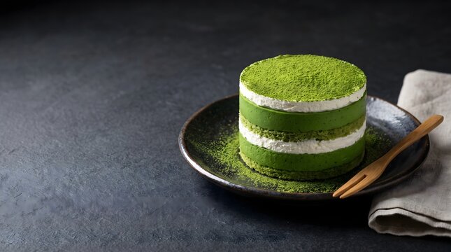 Japanese matcha green tea mousse cake layered with cream on dark ceramic plate with wooden fork, gourmet cafe dessert stock photo.