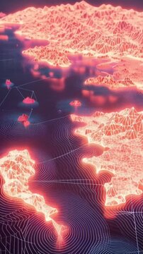Abstract digital landscape with glowing topographical lines and interconnected nodes. ..Created with Generative AI, not depicting real subjects.