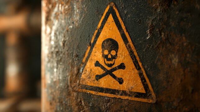 A yellow warning sign featuring a toxic hazard symbol with a skull and crossbones, indicating danger and the presence of hazardous materials.