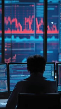 A trader analyzes complex financial data displayed on multiple screens in a dimly lit room. ..Created with Generative AI, not depicting real subjects.