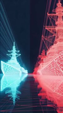 A futuristic digital wireframe display showcases two opposing warships, one glowing cyan and the other red. ..Created with Generative AI, not depicting real subjects.