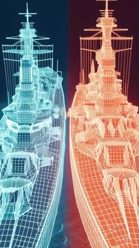Two warships, rendered in a striking wireframe design, stand in stark contrast, one bathed in cool blue light and the other in warm red. ..Created with Generative AI, not depicting real subjects.