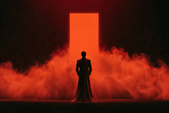 Mysterious Man Facing a Glowing Red Portal