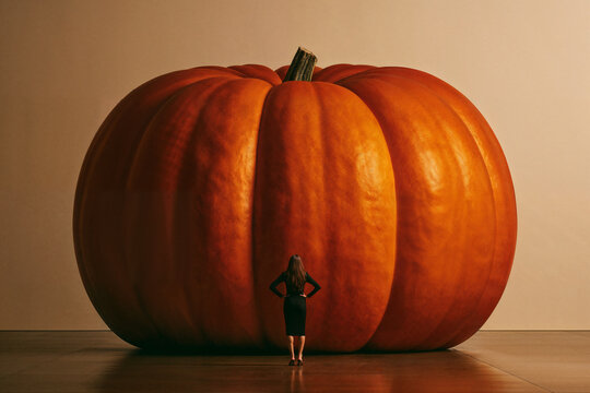 Woman Standing Before an Enormous Halloween Pumpkin