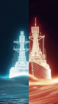 A conceptual digital artwork divides a majestic warship into two halves: a cool. ..Created with Generative AI, not depicting real subjects.