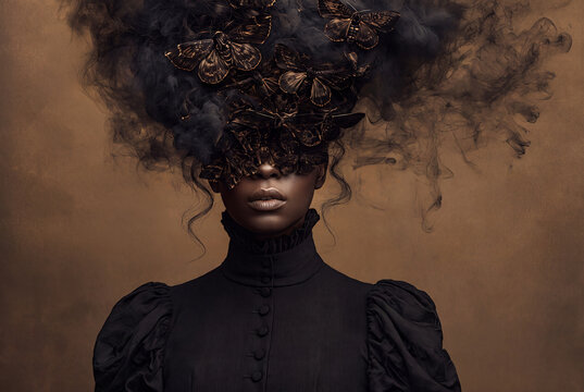 Gothic Woman with Dark Moths and Swirling Smoke