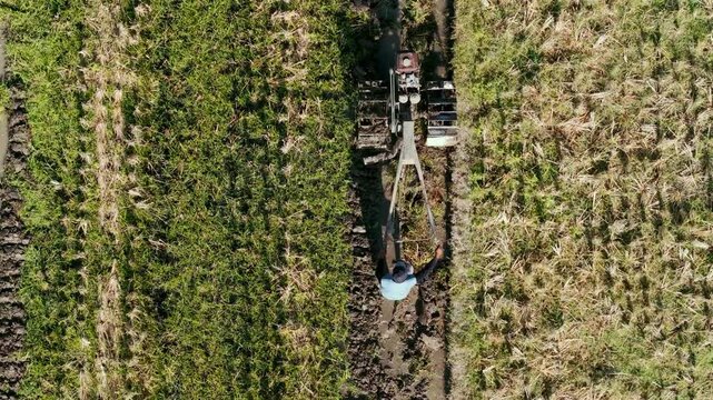 Aerial view of a tractor harvesting crops in a field near Jalan Bibis in Kecamatan Kasihan, Daerah Istimewa Yogya, Indonesia.