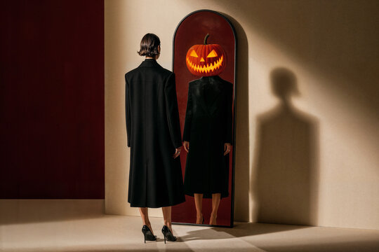 Woman Sees a Jack O Lantern Head in the Mirror